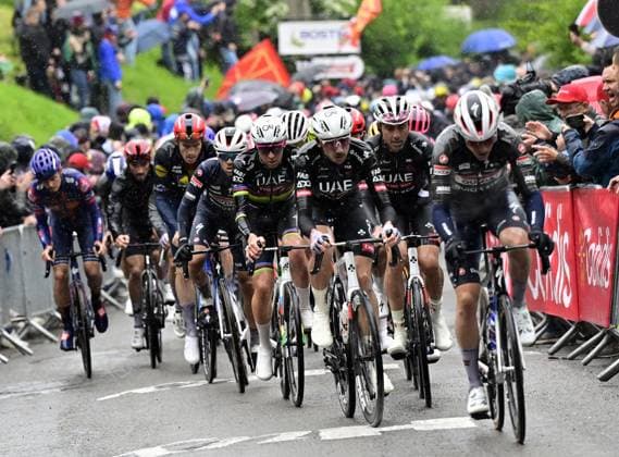 The pack of riders pictured in action during the climb of the Mur de Huy during the men s race of the La Fleche Wallonne , one day cycling race (Waalse Pijl - Walloon Arrow), 205,2 km from Ciney to Huy, Wednesday 23 April 2025. DIRKxWAEM  x121641879x