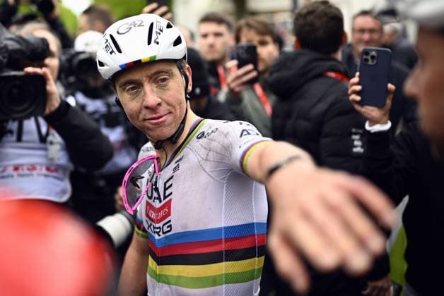 Slovenian Tadej Pogacar of UAE Team Emirates celebrates after winning the men s race of the La Fleche Wallonne , one day cycling race (Waalse Pijl - Walloon Arrow), 205,2 km from Ciney to Huy, Wednesday 23 April 2025. JASPERxJACOBS  x121649852x