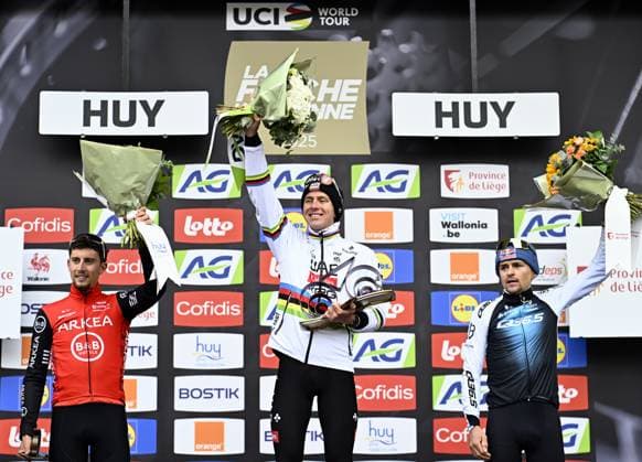French Kevin Vauquelin of Arkea-BB Hotels, Slovenian Tadej Pogacar of UAE Team Emirates and British Thomas Pidcock of Q36.5 Pro Cycling Team pictured on the podium after the men s race of the La Fleche Wallonne , one day cycling race (Waalse Pijl - Walloon Arrow), 205,2 km from Ciney to Huy, Wednesday 23 April 2025. JASPERxJACOBS  x121653233x