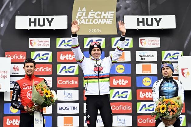 French Kevin Vauquelin of Arkea-BB Hotels, Slovenian Tadej Pogacar of UAE Team Emirates and British Thomas Pidcock of Q36.5 Pro Cycling Team pictured on the podium after the men s race of the La Fleche Wallonne , one day cycling race (Waalse Pijl - Walloon Arrow), 205,2 km from Ciney to Huy, Wednesday 23 April 2025. JASPERxJACOBS  x121653249x