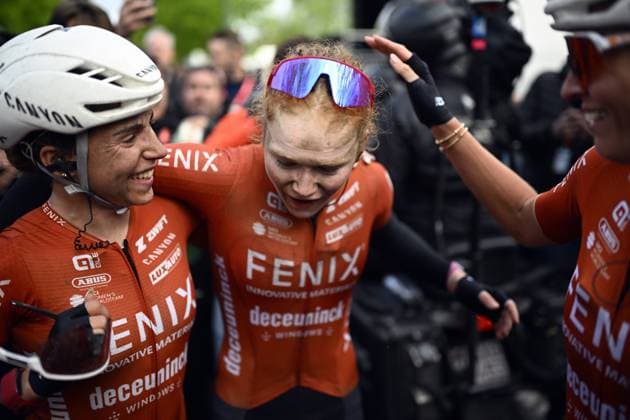 Dutch Puck Pieterse of Fenix-Deceuninck celebrates with teammates after winning the women s race of the La Fleche Wallonne , one day cycling race (Waalse Pijl - Walloon Arrow), 140,7 km from Ciney to Huy, Wednesday 23 April 2025. JASPERxJACOBS  x121661008x