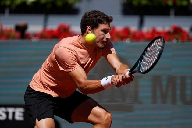 April 23, 2025, Madrid, Madrid, SPAIN: Pablo Carreno of Spain in action against Nuno Borges of Portugal during the Mutua Madrid Open 2025, ATP, Tennis Herren Masters 1000 and WTA, Tennis Damen 1000, tennis tournament celebrated at Caja Magica on April 23, 2025 in Madrid, Spain. Madrid SPAIN - ZUMAa181 20250423_zaa_a181_127 Copyright: xOscarxJ.xBarrosox