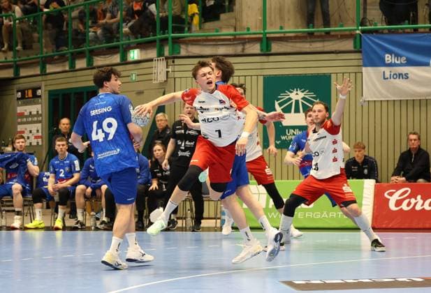 v.l. Arnor Vidarsson (Bergischer HC 17), Aron Seesing (Bergischer HC 49), Elias Huber (HBW Balingen-Weilstetten 07), Elias Scholtes (Bergischer HC 04), Tobias Heinzelmann (HBW Balingen-Weilstetten 28) Bergischer HC 06 vs. HBW Balingen-Weilstetten, Handball, 2. HBL, Spielzeit 2024 2025, 23.04.2025 Bergischer HC 06 vs. HBW Balingen-Weilstetten, Handball, 2. HBL, Spielzeit 2024 2025, 23.04.2025 Wuppertal