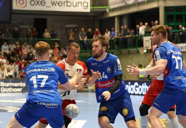 v.l. Arnor Vidarsson (Bergischer HC 17), Jerome Mueller (HBW Balingen-Weilstetten 21), Gerdas Barbarskas (Bergischer HC 14), Johannes Wasielewski (Bergischer HC 77) Bergischer HC 06 vs. HBW Balingen-Weilstetten, Handball, 2. HBL, Spielzeit 2024 2025, 23.04.2025 Bergischer HC 06 vs. HBW Balingen-Weilstetten, Handball, 2. HBL, Spielzeit 2024 2025, 23.04.2025 Wuppertal