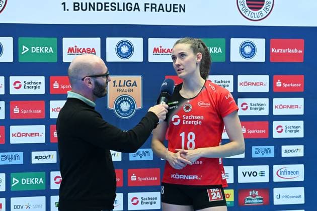 Sarah Straube (Dresdner SC, 18) Dresdner SC vs. SSC Palmberg Schwerin, 1. Volleyball Bundesliga Frauen, Spielzeit 2024 2025, 23.04.2025 Dresdner SC vs. SSC Palmberg Schwerin, 1. Volleyball Bundesliga Frauen, Spielzeit 2024 2025, 23.04.2025 Dresden Copyright: xEibner-Pressefoto xHoepnerx EP_PHR