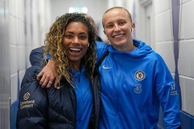 Chelsea Women v Crystal Palace Women Women s Super League 23 04 2025. Chelsea forward Catarina Macario (9) and Chelsea forward Aggie Beever-Jones (33) during the Women s Super League match between Chelsea Women and Crystal Palace Women at the Cherry Red Records Stadium, Kingston, England on 23 April 2025. Kingston Cherry Red Records Stadium Surrey England Editorial use only DataCo restrictions apply See www.football-dataco.com , Copyright: xStephenxFlynnx PSI-21925-0031