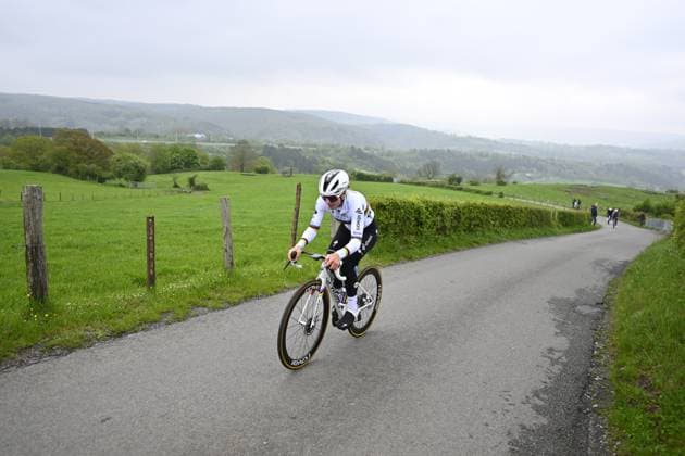 Belgian Lotte Kopecky pictured in action at a training and track reconnaissance session, on the Cote de la Redoute , in Remouchamps, Aywaille, ahead of the Liege-Bastogne-Liege one day cycling race, Friday 25 April 2025. ERICxLALMAND  x121807208x