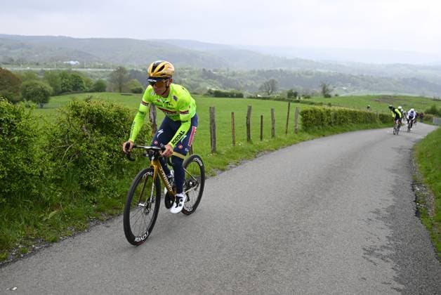 Belgian Remco Evenepoel of Soudal Quick-Step pictured during a training and track reconnaissance session, on the Cote de la Redoute , in Remouchamps, Aywaille, ahead of the Liege-Bastogne-Liege one day cycling race, Friday 25 April 2025. ERICxLALMAND  x121808946x