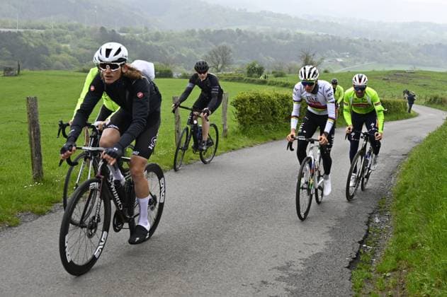Slovenian Tadej Pogacar of UAE Team Emirates (C) pictured during a training and track reconnaissance session, on the Cote de la Redoute , in Remouchamps, Aywaille, ahead of the Liege-Bastogne-Liege one day cycling race, Friday 25 April 2025. ERICxLALMAND  x121809835x