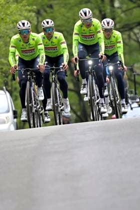 Liege Bastogne Liege 2025 Training 25 04 2025 Liege, Belgium - April 25 : Van Wilder Ilan (BEL) of Soudal - Quick Step, Schachmann Maximilian (DEU) of Soudal - Quick Step and Serry Pieter (BEL) of Soudal - Quick Step pictured during a training session prior to the 111 edition of Liege Bastogne Liege a cycling race of 252 kms with start in Liege and finish in Liege on April 25, 2025 in Liege, Belgium, 25 04 2025 ( Motordriver Guy De Vuyst - Liege Belgium  Copyright: xSesx