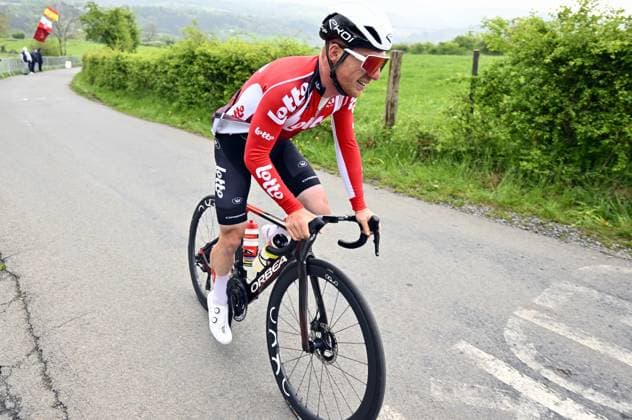 Belgian Milan Menten of Lotto Cycling Team pictured in action during a training and track reconnaissance session, on the Cote de la Redoute , in Remouchamps, Aywaille, ahead of the Liege-Bastogne-Liege one day cycling race, Friday 25 April 2025. ERICxLALMAND  x121813921x