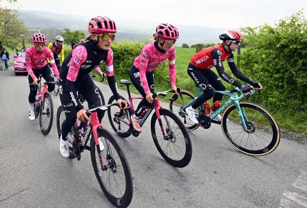 EF Education-Oatly riders pictured in action during a training and track reconnaissance session, on the Cote de la Redoute , in Remouchamps, Aywaille, ahead of the Liege-Bastogne-Liege one day cycling race, Friday 25 April 2025. ERICxLALMAND  x121815521x