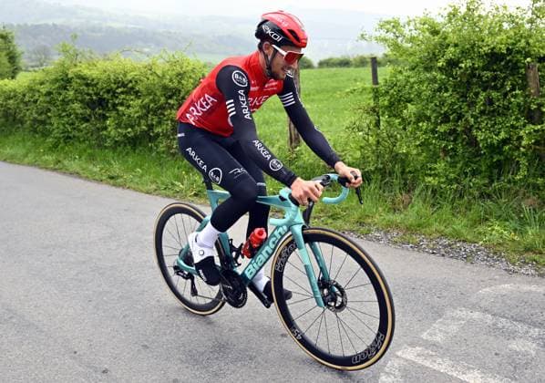 French Kevin Vauquelin of Arkea-BB Hotels pictured in action during a training and track reconnaissance session, on the Cote de la Redoute , in Remouchamps, Aywaille, ahead of the Liege-Bastogne-Liege one day cycling race, Friday 25 April 2025. ERICxLALMAND  x121815683x