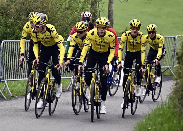Team Visma-Lease a Bike riders pictured in action during a training and track reconnaissance session, on the Cote de la Redoute , in Remouchamps, Aywaille, ahead of the Liege-Bastogne-Liege one day cycling race, Friday 25 April 2025. ERICxLALMAND  x121817396x