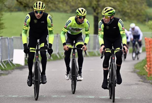 Wagner Bazin WB riders pictured in action during a training and track reconnaissance session, on the Cote de la Redoute , in Remouchamps, Aywaille, ahead of the Liege-Bastogne-Liege one day cycling race, Friday 25 April 2025. ERICxLALMAND  x121817790x
