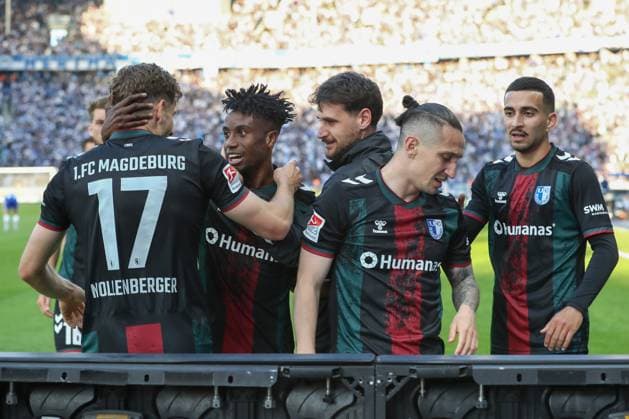 25.04.2025, xtgx, Fussball - 2.Bundesliga, Hertha BSC Berlin - 1.FC Magdeburg emspor, v.l. Jubel nach dem 0:1 durch Lubambo Musonda (Magdeburg, 19) (DFL DFB REGULATIONS PROHIBIT ANY USE OF PHOTOGRAPHS as IMAGE SEQUENCES and or QUASI-VIDEO) Berlin