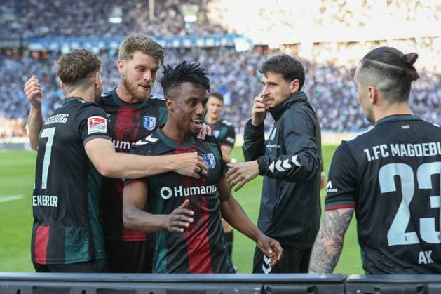25.04.2025, xtgx, Fussball - 2.Bundesliga, Hertha BSC Berlin - 1.FC Magdeburg emspor, v.l. Jubel nach dem 0:1 durch Lubambo Musonda (Magdeburg, 19) (DFL DFB REGULATIONS PROHIBIT ANY USE OF PHOTOGRAPHS as IMAGE SEQUENCES and or QUASI-VIDEO) Berlin