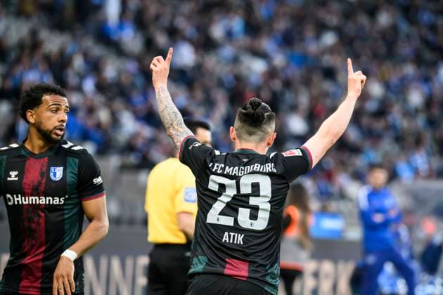 im Bild v.l.: Baris Atik (1.FC Magdeburg, 23), GER, Berlin, Fussball, Hertha BSC vs 1.FC Magdeburg, DFB, Bundesliga, Spielzeit 2024 2025, DFB DFL REGULATIONS PROHIBIT ANY USE OF PHOTOGRAPHS AS IMAGE SEQUENCES AND OR QUASI-VIDEO, 25.04.2025