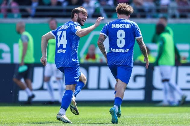 Fußball 2. Bundesliga 31. Spieltag SC Preußen Münster - SV Darmstadt 98 am 26.04.2025 im LVM-Preußenstadion in Münster Torjubel zum 0:1 durch Luca Marseiler ( Darmstadt ) DFL regulations prohibit any use of photographs as image sequences and or quasi-video.