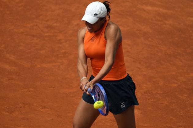 April 26, 2025, Madrid, Madrid, Spain: MADISON KEYS of USA during her match against ANNA KALoÂNSKOYA of Russia on Day Six of the Mutua Madrid Open at La Caja Magica. Keys Wins 7-5, 7-6. Madrid Spain - ZUMAd308 20250426_zsp_d308_030 Copyright: xJuanxCarlosxLucasx
