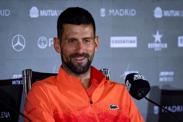 Mutua Madrid Open 2025 Novak Djokovic of Serbia speaks at a press conference, PK, Pressekonferenz after being beaten by Matteo Arnaldi of Italy during the second round match of the Mutua Madrid Open 2025 tournament celebrated at La Caja Magica on April 26, 2025 in Madrid, Spain. Madrid La Caja Magica Madrid Spain Copyright: xAlbertoxGardinx AGardin_20250426_Mutua_Madrid_Open_0341