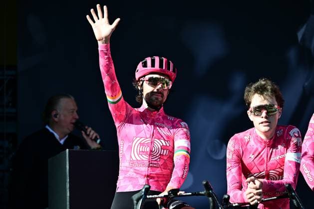 Irish Ben Healy of EF Education-EasyPost pictured on the podium ahead of the men elite race of the Liege-Bastogne-Liege one day cycling event, 252km from Liege, over Bastogne to Liege, Sunday 27 April 2025. MAARTENxSTRAETEMANS  x121969582x