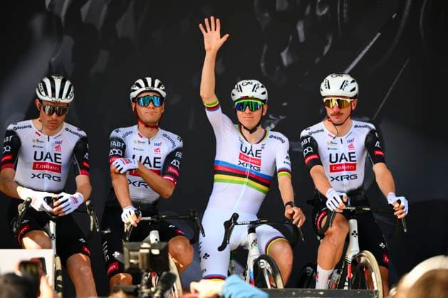 Liege Bastogne Liege 2025 Cycling Race LIEGE, BELGIUM - APRIL 27 : Pogacar Tadej (SLO) of UAE Team Emirates - XRG on stage before the start of the race during the 111th edition of Liege Bastogne Liege an UCI World Tour 1.UWT cycling race for Men Elite of 252 km with start and finish in Liege on April 27, 2025 in Liege, Belgium, 27 04 2025 ( Motordriver Guy De Vuyst - Liege Belgium  Copyright: xVincentxKalutx