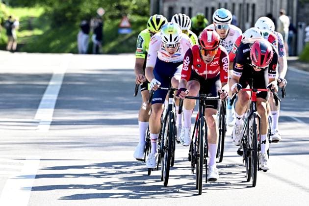 The breakaway group pictured during the men elite race of the Liege-Bastogne-Liege one day cycling event, 252km from Liege, over Bastogne to Liege, Sunday 27 April 2025. MAARTENxSTRAETEMANS  x121972258x