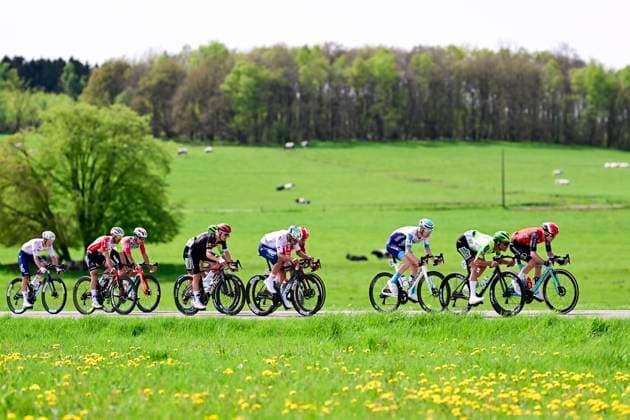Liege Bastogne Liege 2025 Cycling Race LIEGE, BELGIUM - APRIL 27 : Illustration picture of the escape pack, Le Berre Mathis (FRA) of Arkea - B&B Hotels, Haig Jack (AUS) of Bahrain - Victorious, Desal Ceriel (BEL) of Wagner Bazin WB, Boulahoite Rayan (FRA) of Team TotalEnergies, Wilksch Hannes (GER) of Tudor Pro Cycling Team during the 111th edition of Liege Bastogne Liege an UCI World Tour 1.UWT cycling race for Men Elite of 252 km with start and finish in Liege on April 27, 2025 in Liege, Belgium, 27 04 2025 ( Motordriver Guy De Vuyst - Liege Belgium  Copyright: xPeterxDexVoechtx