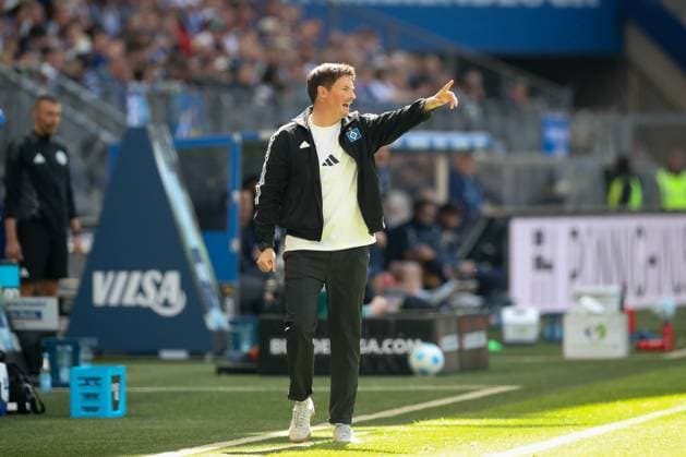27.04.2025, xtgx, Fussball 2. Bundesliga, Hamburger SV - Karlsruher SC emspor, v.l. Merlin Polzin (HSV, Trainer) gibt Anweisungen, gestikuliert mit den Armen, gesticulate, gives instructions (DFL DFB REGULATIONS PROHIBIT ANY USE OF PHOTOGRAPHS as IMAGE SEQUENCES and or QUASI-VIDEO) Hamburg