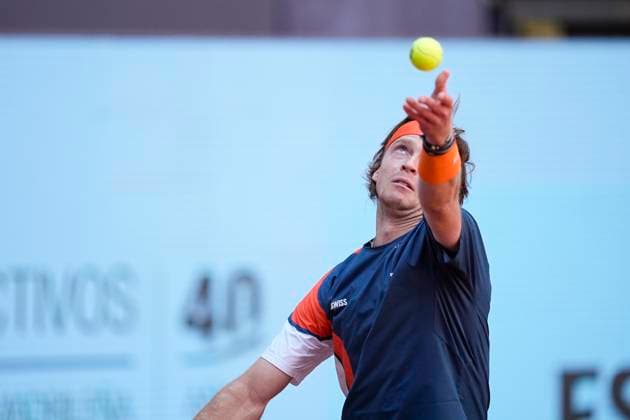 April 27, 2025, Madrid, Madrid, Spain: Andrey Rublev of Russia in action against Aleksander Bublik of Kazakhstan during the Mutua Madrid Open 2025, ATP, Tennis Herren Masters 1000 and WTA, Tennis Damen 1000 tennis tournament, celebrated at Caja Magica on April 27, 2025 in Madrid, Spain. Madrid Spain - ZUMAa181 20250427_zaa_a181_076 Copyright: xOscarxJ.xBarrosox