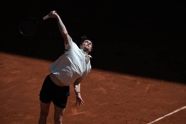 April 27, 2025, Madrid, Madrid, Spain: Kazakstan s ALEXANDER BUBLIK plays against Russia s ANDREY RUBLEV during their 2025 ATP, Tennis Herren Tour Madrid Open tennis tournament third round singles match at the Caja Magica. Alexander Bublik won 6-4,0-6, 6-4. Madrid Spain - ZUMAd308 20250427_zsp_d308_028 Copyright: xJuanxCarlosxLucasx