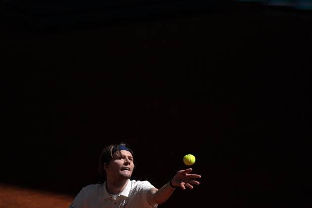 April 27, 2025, Madrid, Madrid, Spain: Kazakstan s ALEXANDER BUBLIK plays against Russia s ANDREY RUBLEV during their 2025 ATP, Tennis Herren Tour Madrid Open tennis tournament third round singles match at the Caja Magica. Alexander Bublik won 6-4,0-6, 6-4. Madrid Spain - ZUMAd308 20250427_zsp_d308_029 Copyright: xJuanxCarlosxLucasx
