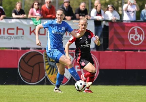 27.04.2025 - Fussball - Saison 2024 2025 - 2. Frauen - Fussball - Bundesliga - 23. Spieltag: 1. FC Nürnberg FCN ( Club Clubfrauen ) - SV Meppen - Sportfoto Zink DaMa - xdaxmax - Lara Hohm (16, SV Meppen ) Luisa Guttenberger (4, 1. FC Nürnberg FCN )