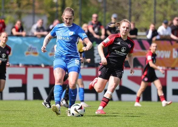 27.04.2025 - Fussball - Saison 2024 2025 - 2. Frauen - Fussball - Bundesliga - 23. Spieltag: 1. FC Nürnberg FCN ( Club Clubfrauen ) - SV Meppen - Sportfoto Zink DaMa - xdaxmax - Lara Hohm (16, SV Meppen ) Madeleine Steck (28, 1. FC Nürnberg FCN )