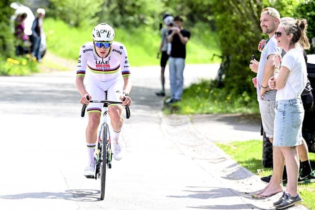 Slovenian Tadej Pogacar of UAE Team Emirates pictured in action during the men elite race of the Liege-Bastogne-Liege one day cycling event, 252km from Liege, over Bastogne to Liege, Sunday 27 April 2025. MAARTENxSTRAETEMANS  x121989583x