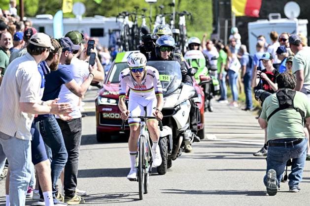 Slovenian Tadej Pogacar of UAE Team Emirates pictured in action during the men elite race of the Liege-Bastogne-Liege one day cycling event, 252km from Liege, over Bastogne to Liege, Sunday 27 April 2025. MAARTENxSTRAETEMANS  x121992175x