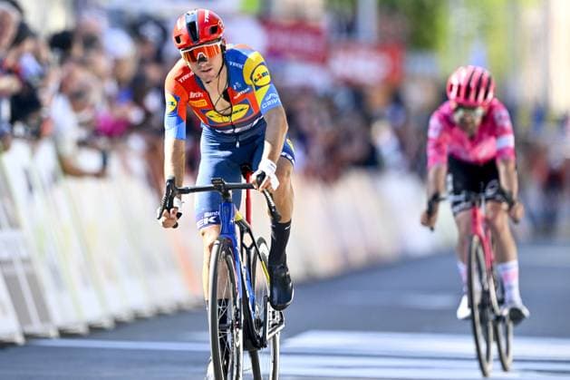 Italian Giulio Ciccone and Irish Ben Healy of EF Education-EasyPost pictured in action during the men elite race of the Liege-Bastogne-Liege one day cycling event, 252km from Liege, over Bastogne to Liege, Sunday 27 April 2025. ERICxLALMAND  x121994341x