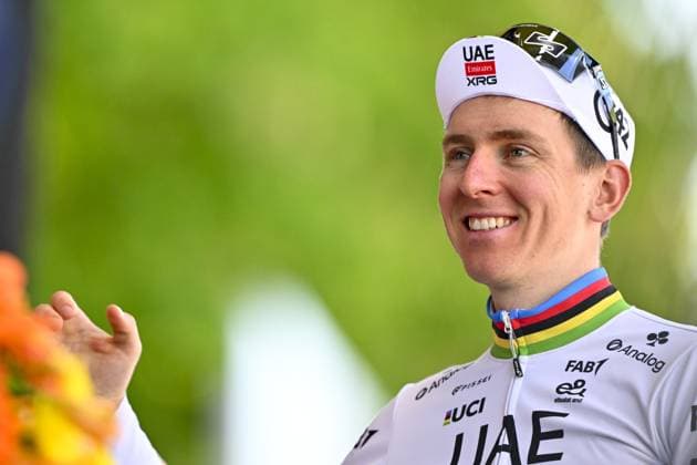 Slovenian Tadej Pogacar of UAE Team Emirates celebrates after winning the men elite race of the Liege-Bastogne-Liege one day cycling event, 252km from Liege, over Bastogne to Liege, Sunday 27 April 2025. ERICxLALMAND  x121995636x