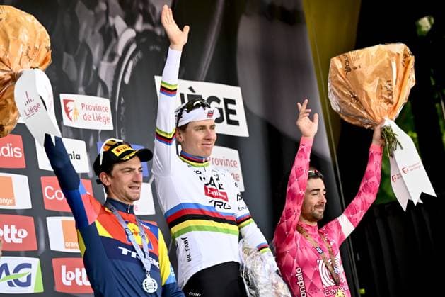 Italian Giulio Ciccone, Slovenian Tadej Pogacar of UAE Team Emirates and Irish Ben Healy of EF Education-EasyPost pictured on the podium after the men elite race of the Liege-Bastogne-Liege one day cycling event, 252km from Liege, over Bastogne to Liege, Sunday 27 April 2025. ERICxLALMAND  x121996058x