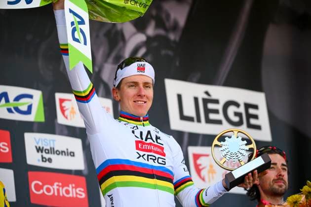 Liege Bastogne Liege 2025 Cycling Race LIEGE, BELGIUM - APRIL 27 : Pogacar Tadej (SLO) of UAE Team Emirates - XRG on the podium during the 111th edition of Liege Bastogne Liege an UCI World Tour 1.UWT cycling race for Men Elite of 252 km with start and finish in Liege on April 27, 2025 in Liege, Belgium, 27 04 2025 Liege Belgium  Copyright: xVincentxKalutx