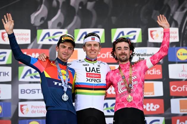 Liege Bastogne Liege 2025 Cycling Race LIEGE, BELGIUM - APRIL 27 : Ciccone Giulio (ITA) of Lidl - Trek, Pogacar Tadej (SLO) of UAE Team Emirates - XRG, Healy Ben (IRL) of EF Education - EasyPost on the podium during the 111th edition of Liege Bastogne Liege an UCI World Tour 1.UWT cycling race for Men Elite of 252 km with start and finish in Liege on April 27, 2025 in Liege, Belgium, 27-04-25 ( Motordriver Guy De Vuyst - Liege Belgium  Copyright: xPeterxDexVoechtx