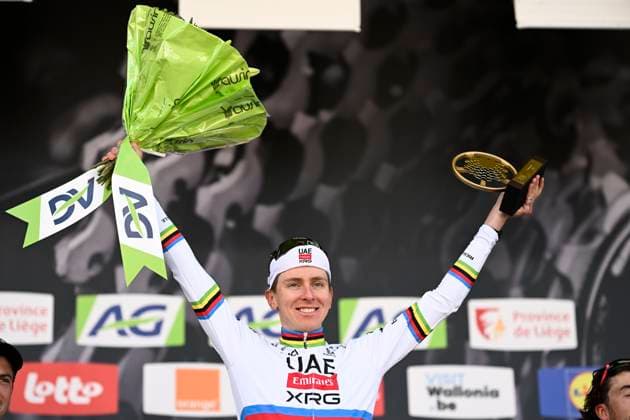 Liege Bastogne Liege 2025 Cycling Race LIEGE, BELGIUM - APRIL 27 : Pogacar Tadej (SLO) of UAE Team Emirates - XRG on the podium during the 111th edition of Liege Bastogne Liege an UCI World Tour 1.UWT cycling race for Men Elite of 252 km with start and finish in Liege on April 27, 2025 in Liege, Belgium, 27-04-25 ( Motordriver Guy De Vuyst - Liege Belgium  Copyright: xPeterxDexVoechtx