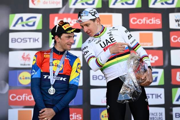 Liege Bastogne Liege 2025 Cycling Race LIEGE, BELGIUM - APRIL 27 : Pogacar Tadej (SLO) of UAE Team Emirates - XRG, Ciccone Giulio (ITA) of Lidl - Trek on the podium during the 111th edition of Liege Bastogne Liege an UCI World Tour 1.UWT cycling race for Men Elite of 252 km with start and finish in Liege on April 27, 2025 in Liege, Belgium, 27-04-25 ( Motordriver Guy De Vuyst - Liege Belgium  Copyright: xPeterxDexVoechtx