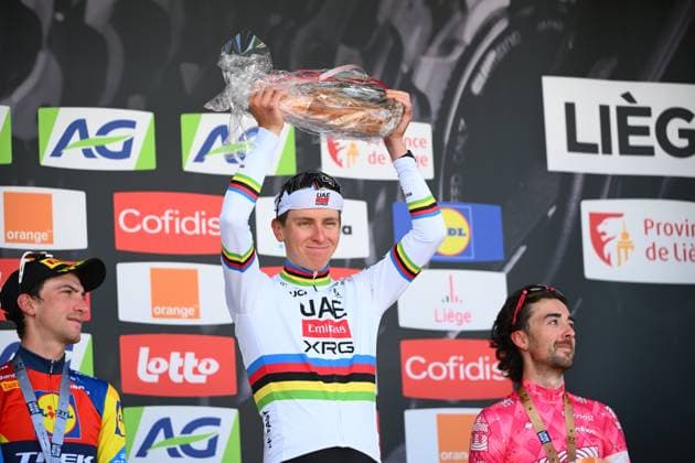 Liege Bastogne Liege 2025 Cycling Race LIEGE, BELGIUM - APRIL 27 : Pogacar Tadej (SLO) of UAE Team Emirates - XRG, Ciccone Giulio (ITA) of Lidl - Trek, Healy Ben (IRL) of EF Education - EasyPost on the podium during the 111th edition of Liege Bastogne Liege an UCI World Tour 1.UWT cycling race for Men Elite of 252 km with start and finish in Liege on April 27, 2025 in Liege, Belgium, 27 04 2025 Liege Belgium  Copyright: xVincentxKalutx