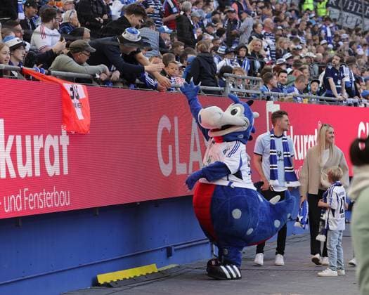HSV Maskottchen Dino Fussball, Herren, Saison 2024 2025, 2.BL, Volksparkstadion, Hamburger SV gegen Karlsruher SC, 1-2 DFL REGULATIONS PROHIBIT ANY USE OF PHOTOGRAPHS AS IMAGE SEQUENCES AND OR QUASI-VIDEO.