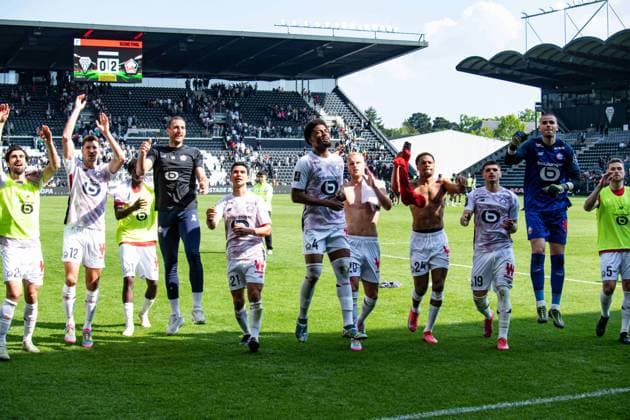 FOOTBALL : SCO Angers vs Lille OSC - Ligue 1 - JournÃ e 31 - 27 04 2025 Joie des joueurs du LOSC apres la victoire a Angers AngersFrance  Copyright: xBaptistexAutissierx