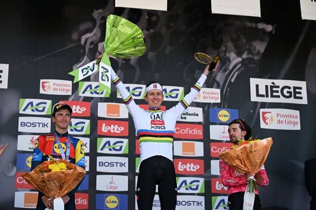 27-04-2025 Liege - Bastogne - Liege; 2025, Uae Team Emirates - Xrg; 2025, Lidl - Trek; 2025, Ef Education - Easypost; Pogacar, Tadej; Ciccone, Giulio; Healy, Ben; Liegi; 