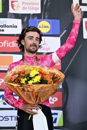 Irish Ben Healy of EF Education-EasyPost pictured on the podium after the men elite race of the Liege-Bastogne-Liege one day cycling event, 252km from Liege, over Bastogne to Liege, Sunday 27 April 2025. MAARTENxSTRAETEMANS  x122000945x
