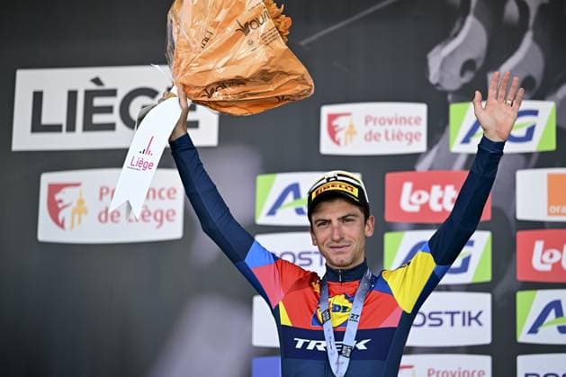 Italian Giulio Ciccone pictured on the podium after the men elite race of the Liege-Bastogne-Liege one day cycling event, 252km from Liege, over Bastogne to Liege, Sunday 27 April 2025. MAARTENxSTRAETEMANS  x122001016x